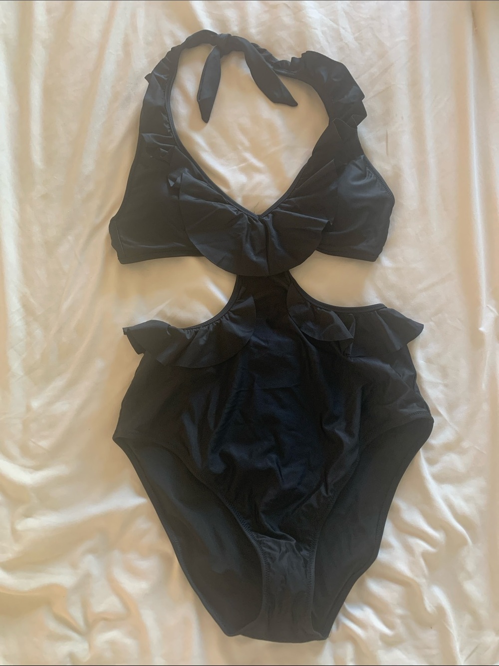 Womens Black Ruffle One-Piece Swimsuit